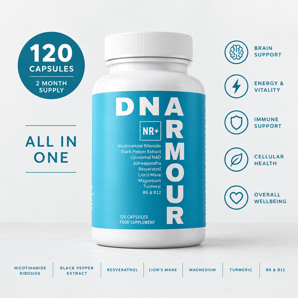 DNA Armour NR+ 120 capsule bottle with the key ingredients, 2 month supply