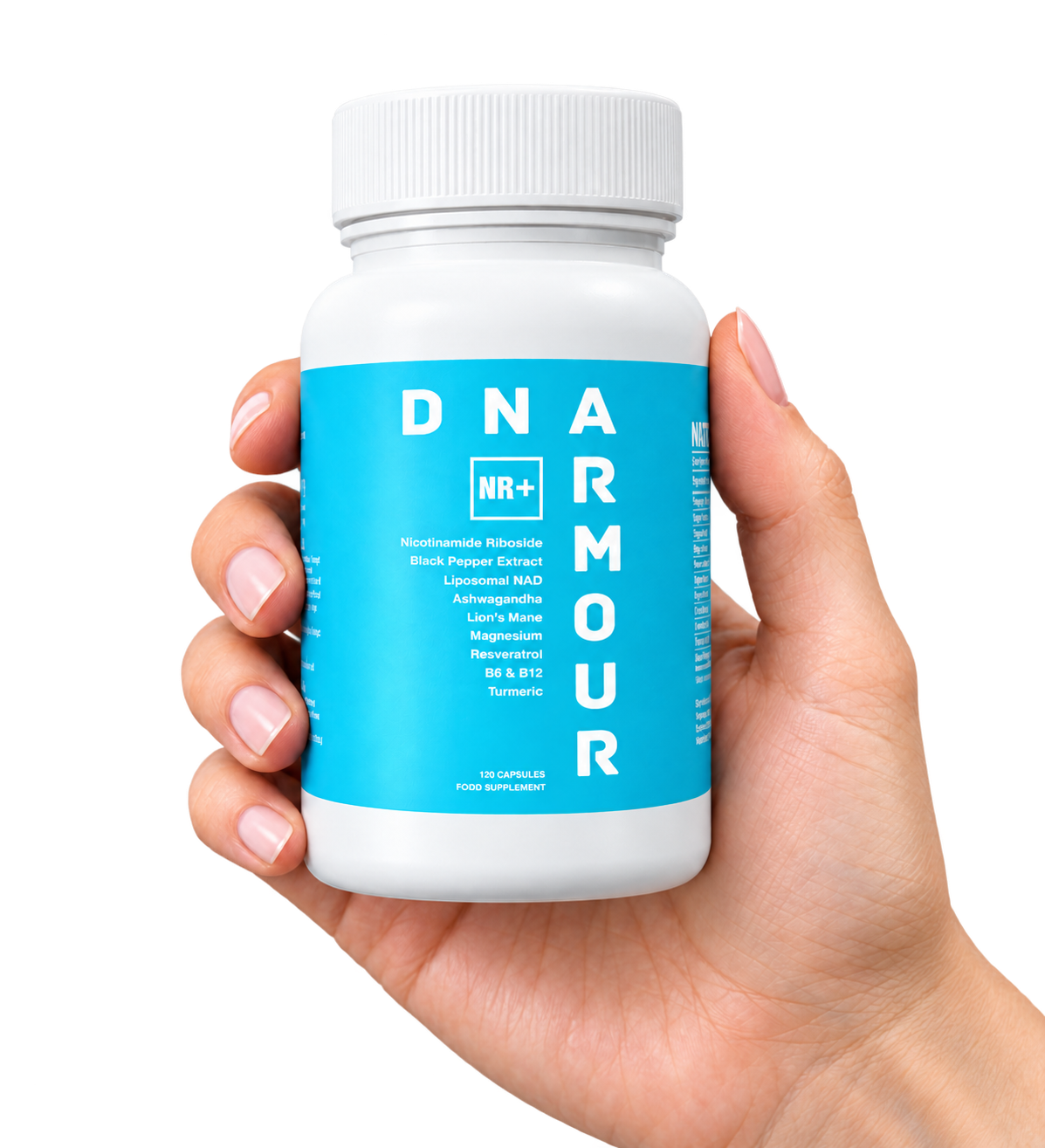 Hand holding a DNA Armour NR+ bottle